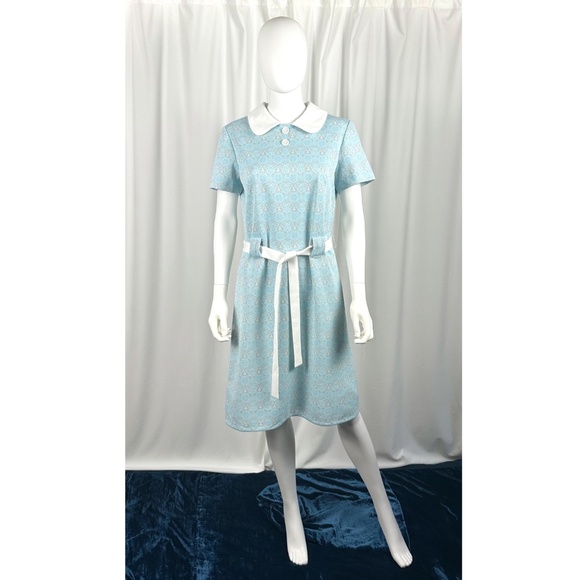 Vintage 1960’s 1970’s Sears Collared Shirt Dress in Soft Baby Blue + Grey - S/M - Picture 3 of 10